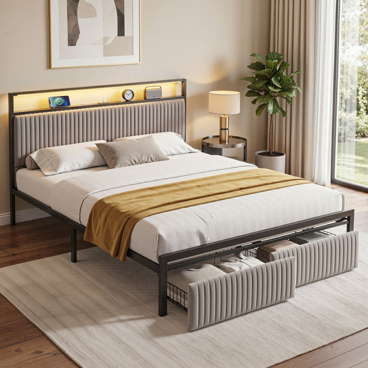 Metal Bed Frame with LED Charging Station and Drawers – Queen Size, Black Velvet
