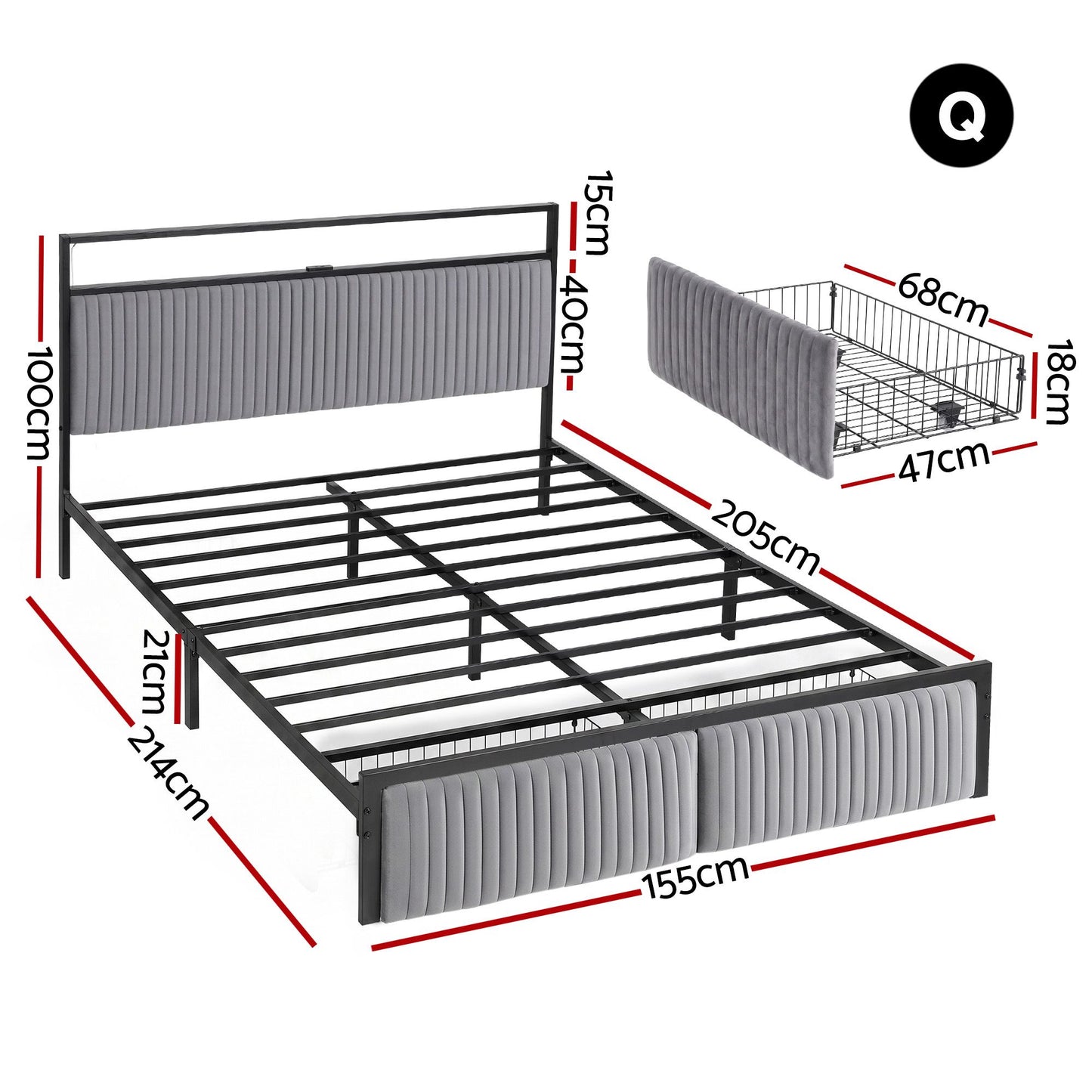 Metal Bed Frame with LED Charging Station and Drawers – Queen Size, Black Velvet