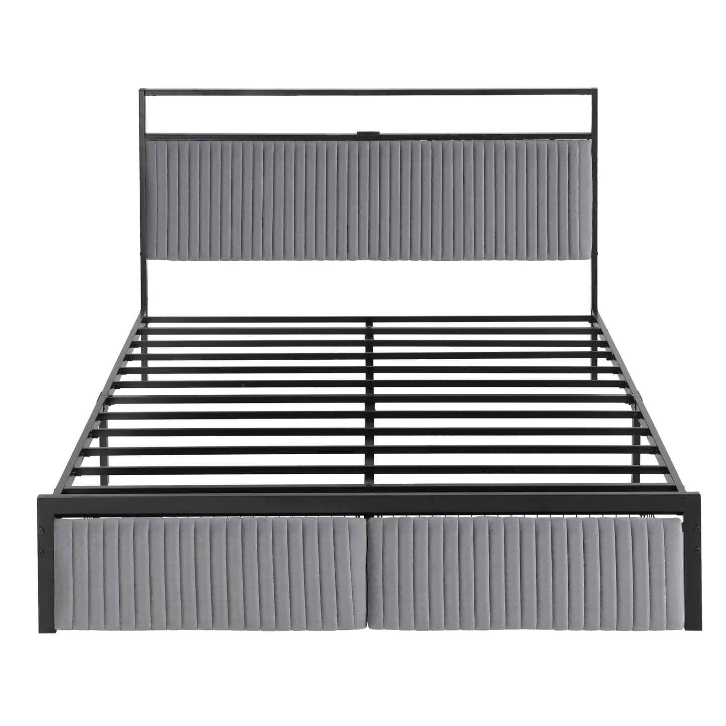 Metal Bed Frame with LED Charging Station and Drawers – Queen Size, Black Velvet