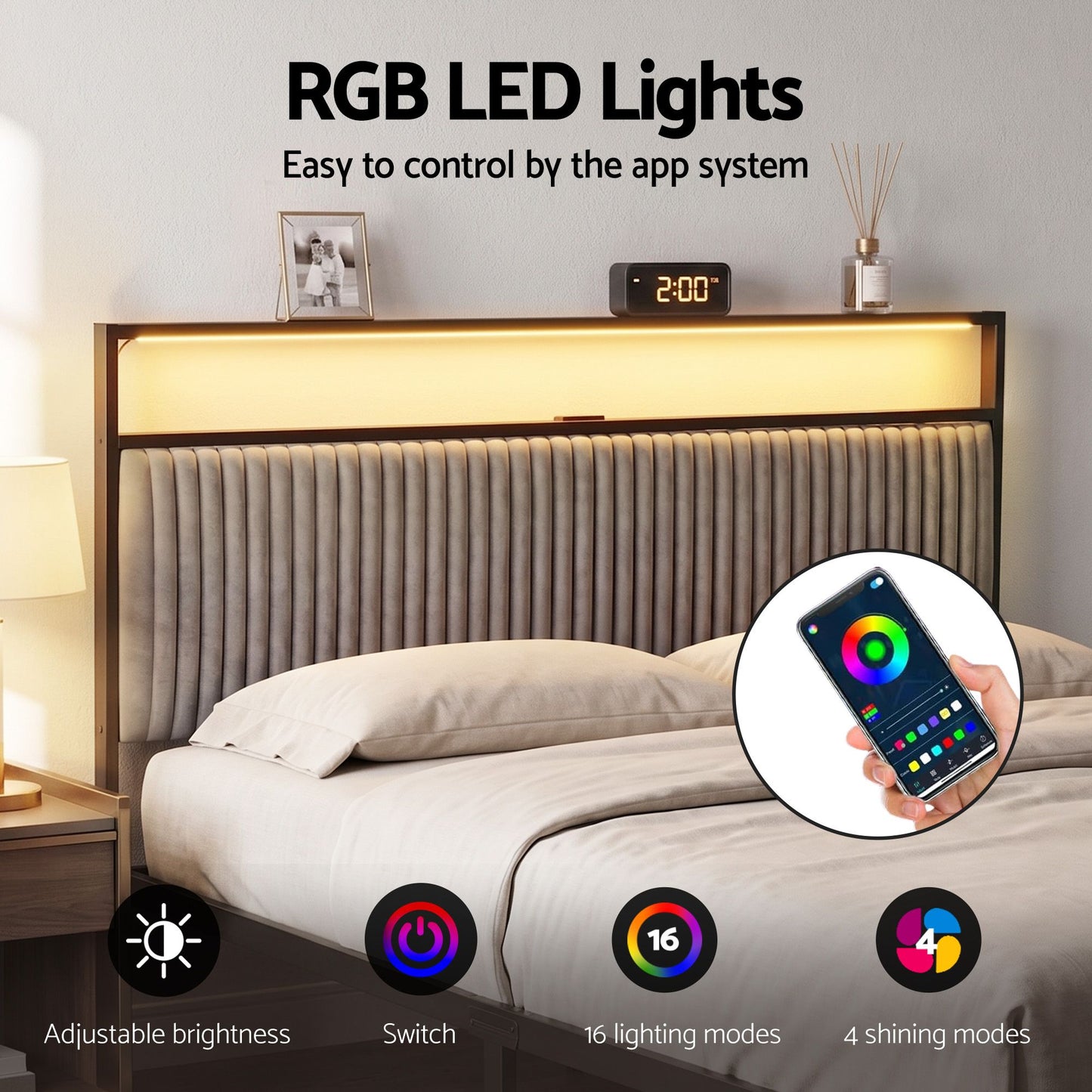 Metal Bed Frame with LED Charging Station and Drawers – Queen Size, Black Velvet