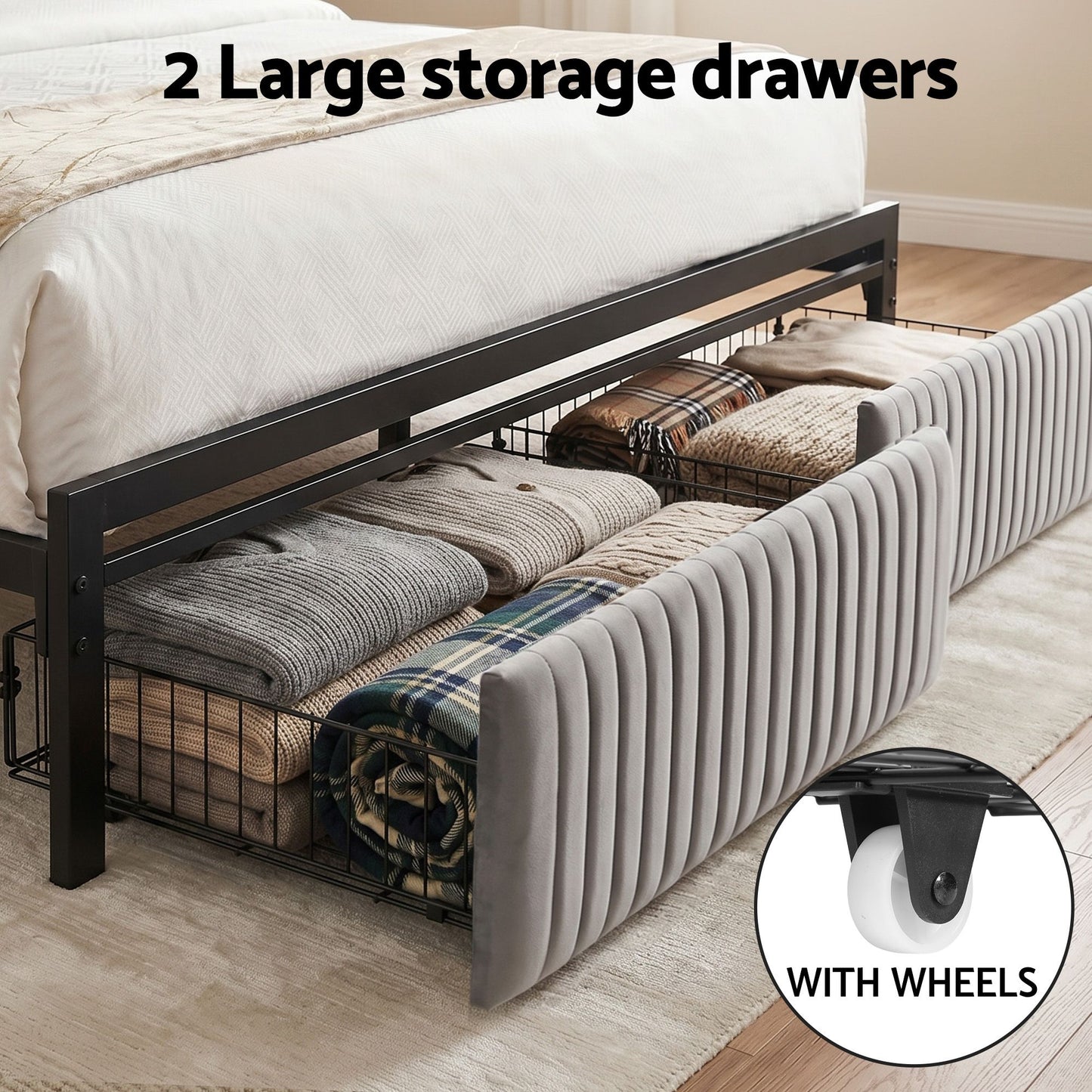 Metal Bed Frame with LED Charging Station and Drawers – Queen Size, Black Velvet