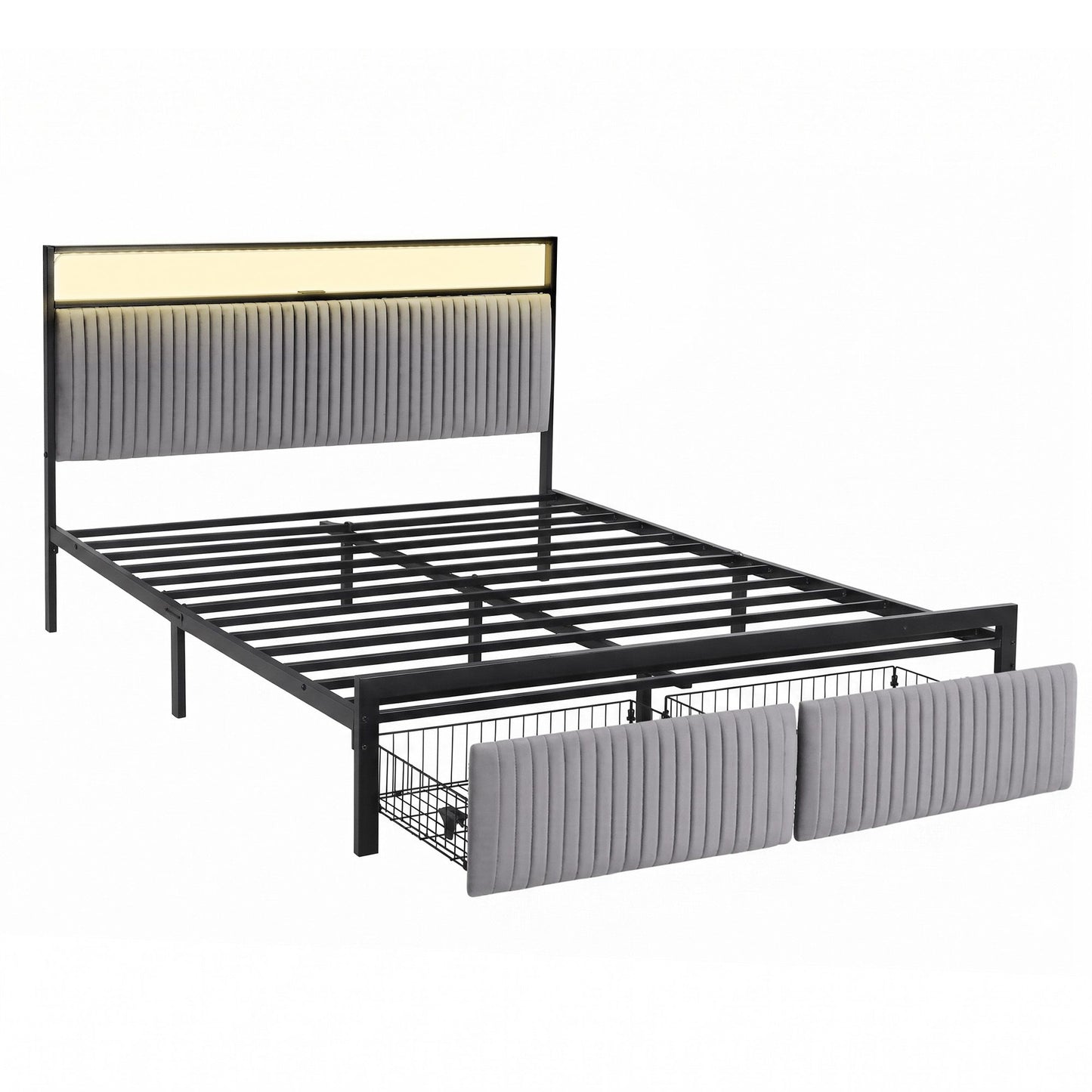 Metal Bed Frame with LED Charging Station and Drawers – Queen Size, Black Velvet