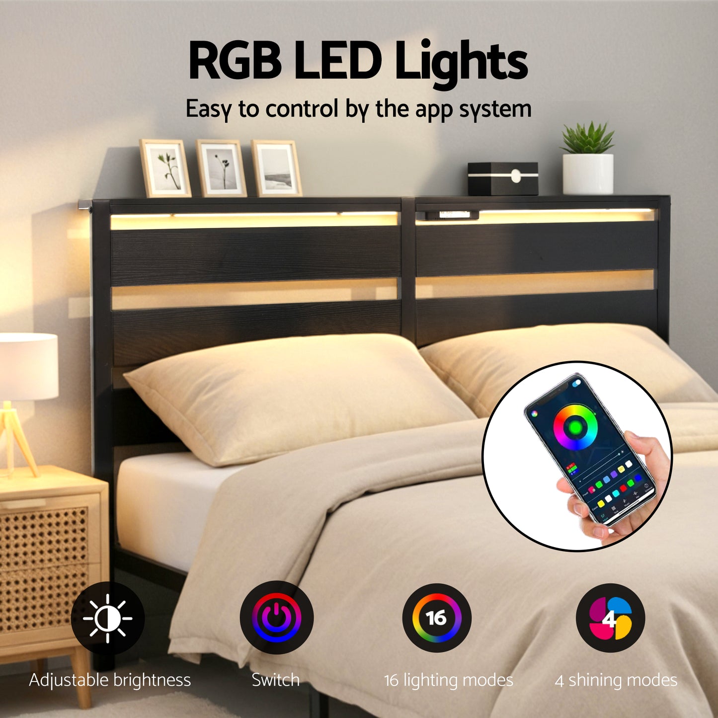Metal Double Bed Frame with LED Lighting and Charging Station