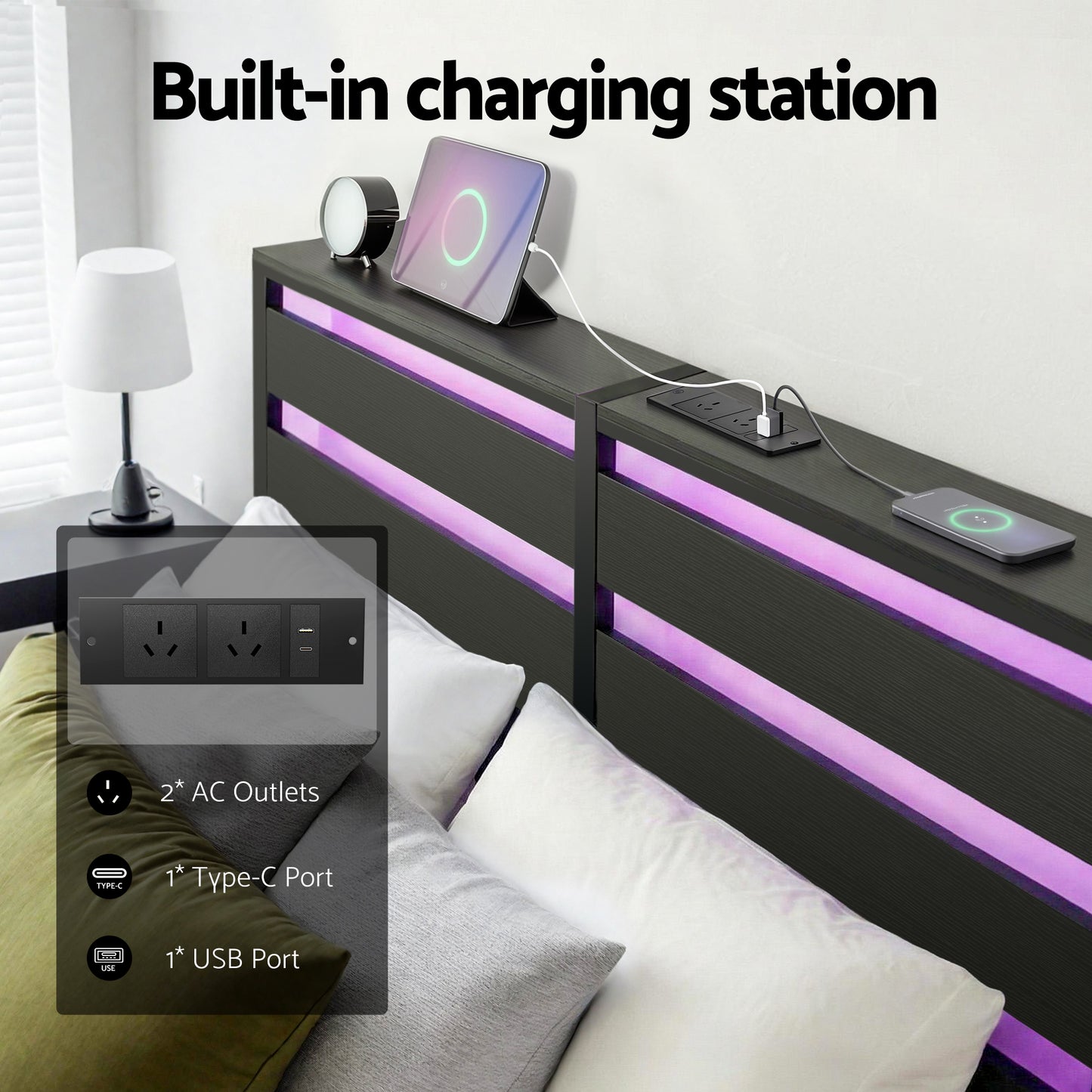 Bed Frame with LED Lighting and Charging Station – Queen Size Metal