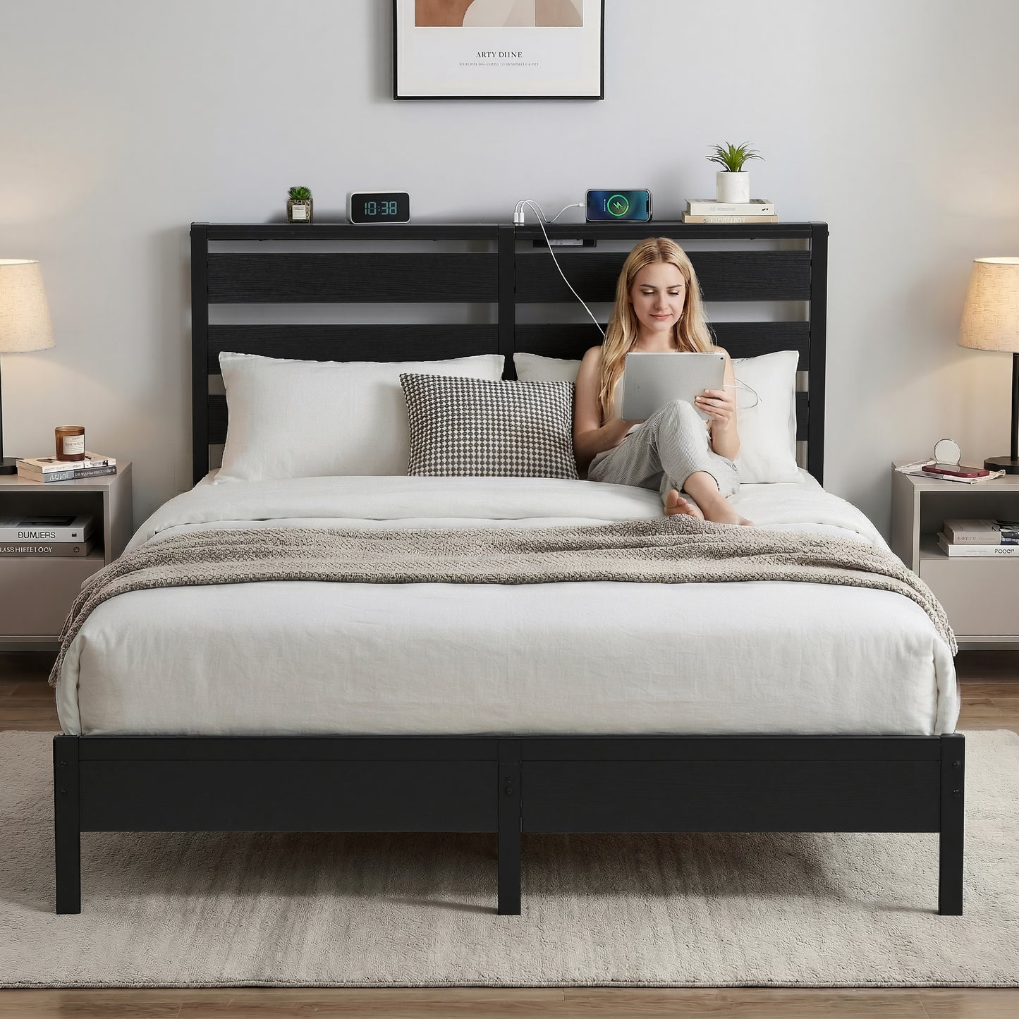 Bed Frame with LED Lighting and Charging Station – Queen Size Metal