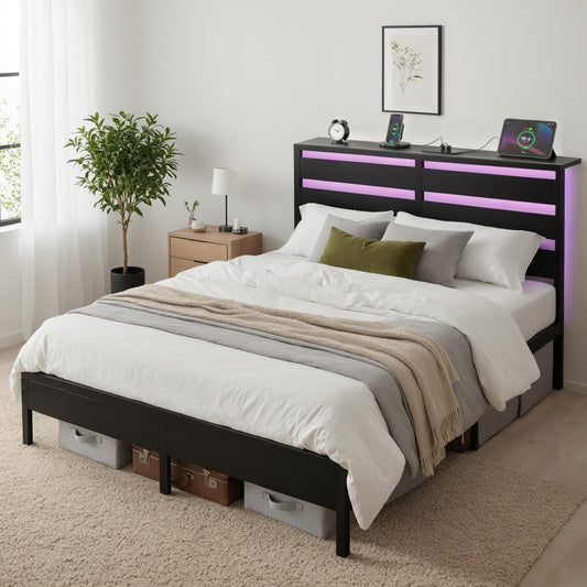Bed Frame with LED Lighting and Charging Station – Queen Size Metal