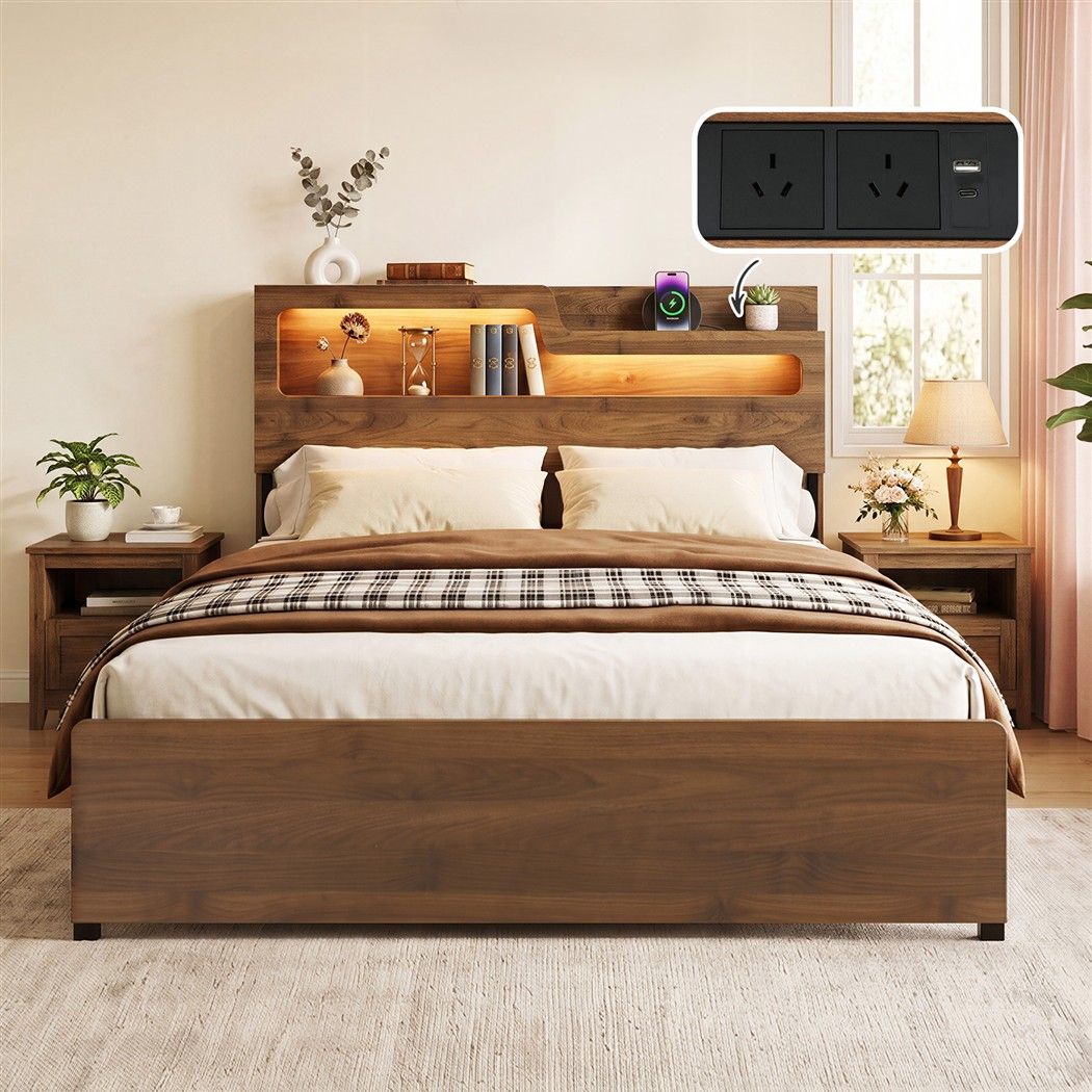 TWSC Double Bed Frame Metal with Charging Station LED Light Storage Shelf