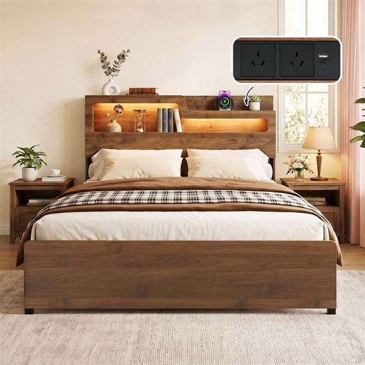 TWSC Double Bed Frame Metal with Charging Station LED Light Storage Shelf