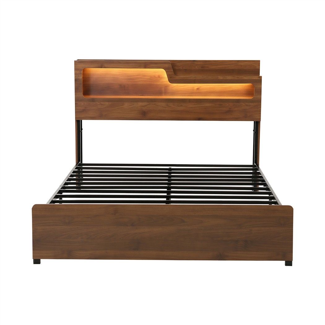 TWSC Double Bed Frame Metal with Charging Station LED Light Storage Shelf