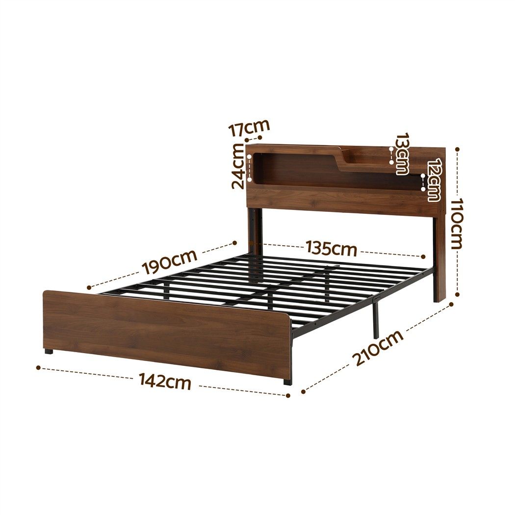 TWSC Double Bed Frame Metal with Charging Station LED Light Storage Shelf