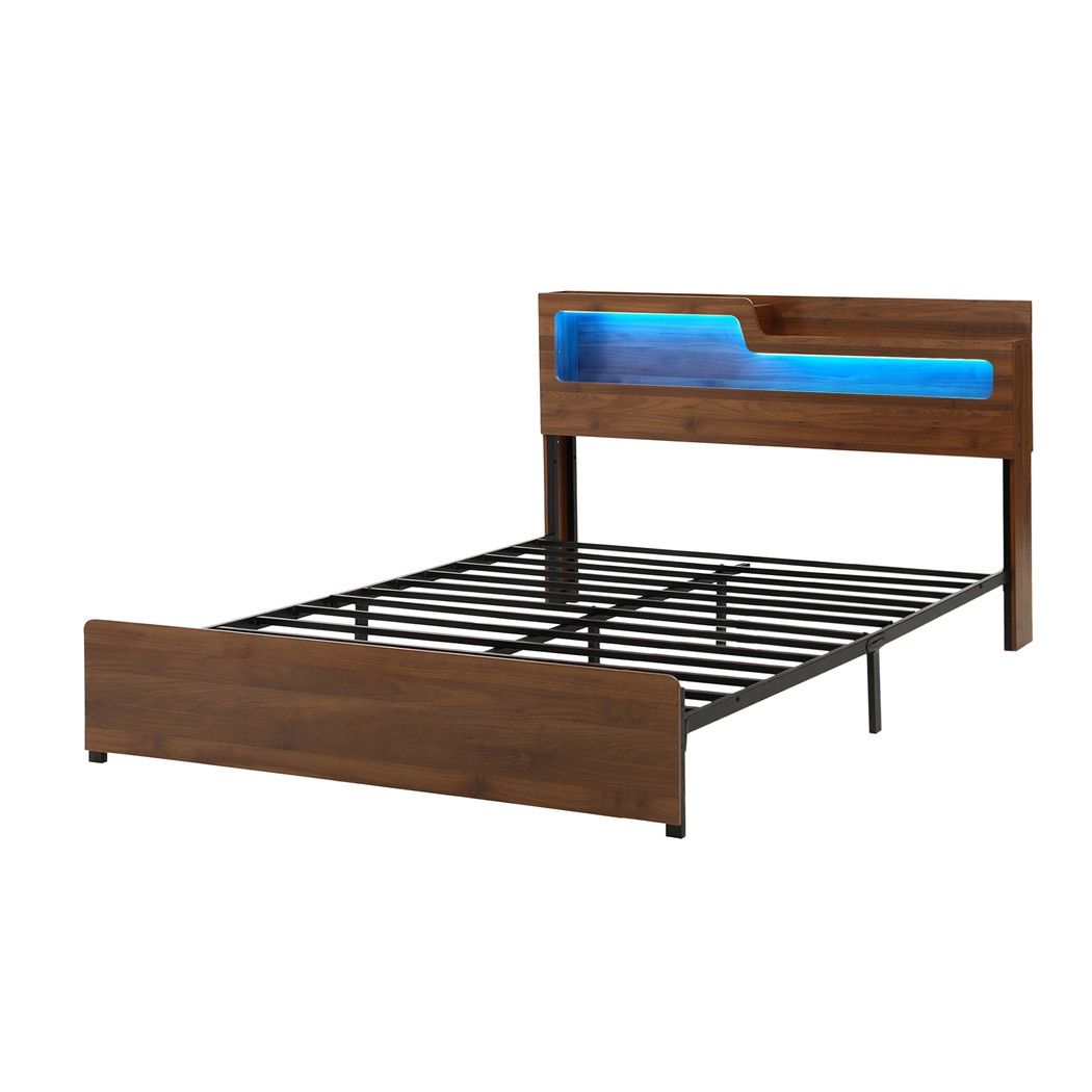 TWSC Double Bed Frame Metal with Charging Station LED Light Storage Shelf