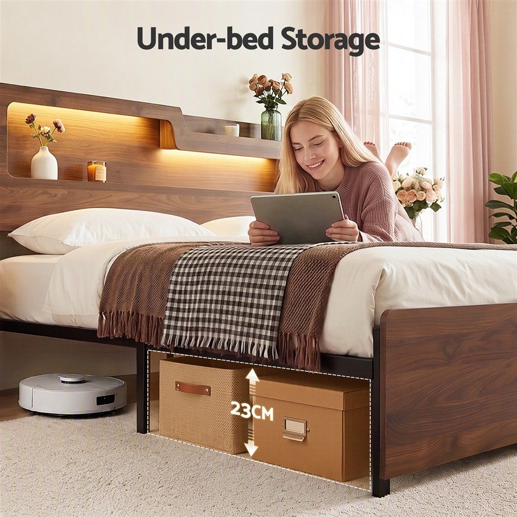 TWSC Double Bed Frame Metal with Charging Station LED Light Storage Shelf