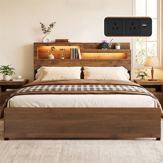 TWSC King Bed Frame Metal with Charging Station LED Light Storage Shelf