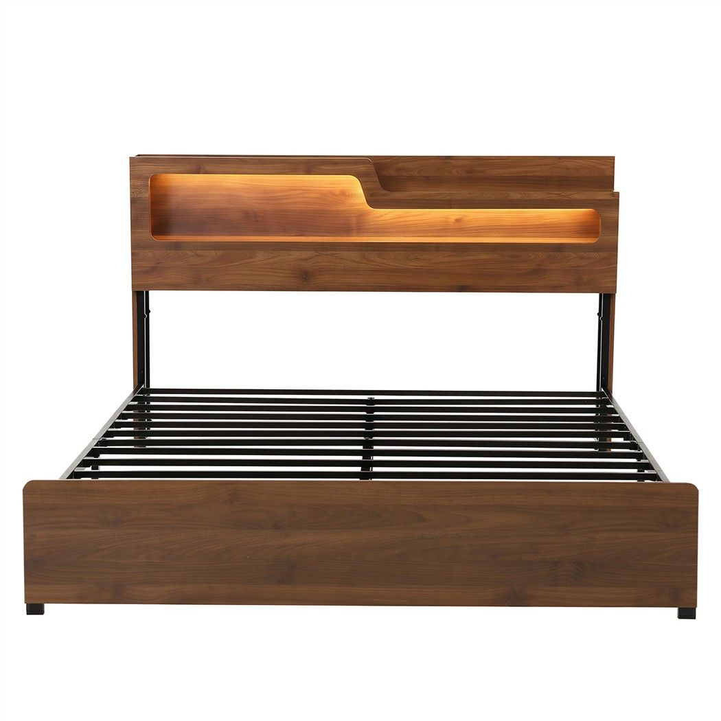 TWSC King Bed Frame Metal with Charging Station LED Light Storage Shelf