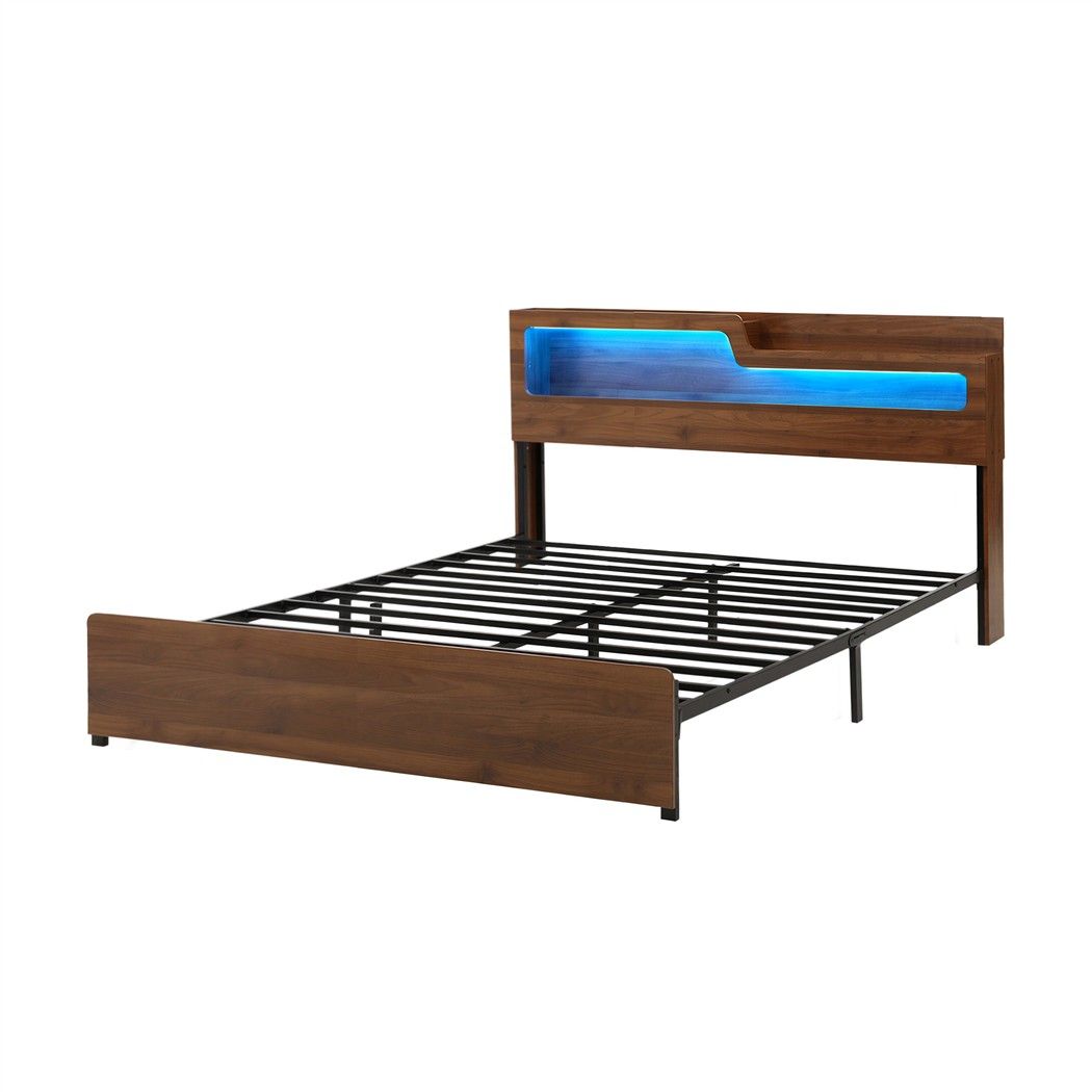 TWSC King Bed Frame Metal with Charging Station LED Light Storage Shelf