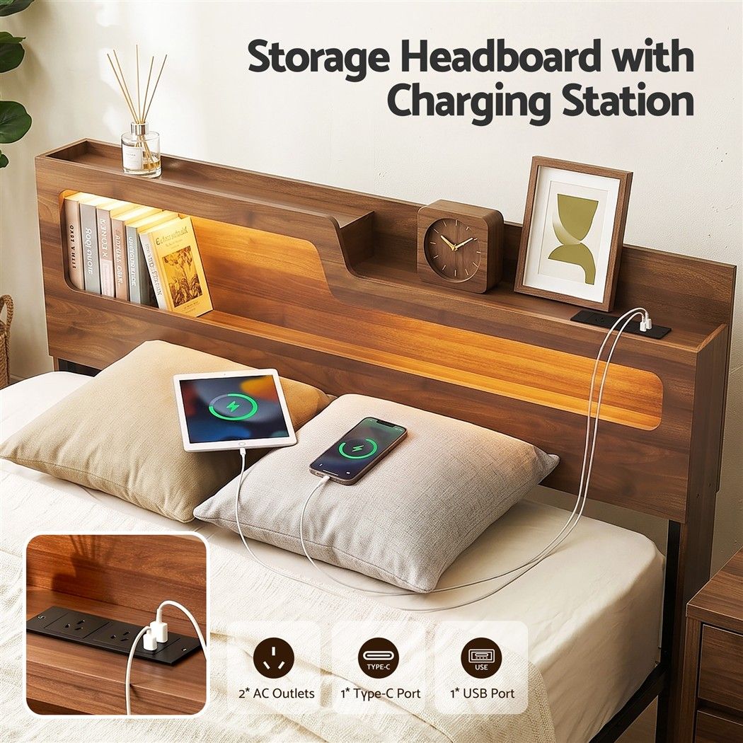 TWSC King Bed Frame Metal with Charging Station LED Light Storage Shelf