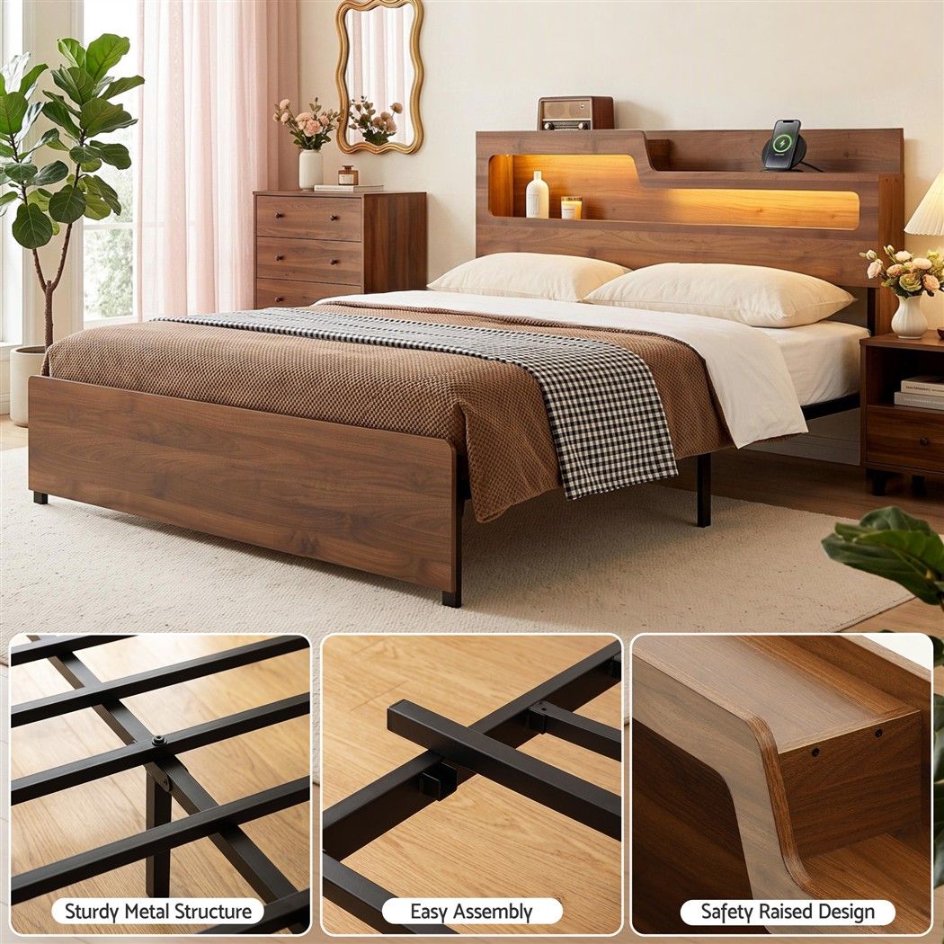 TWSC King Bed Frame Metal with Charging Station LED Light Storage Shelf