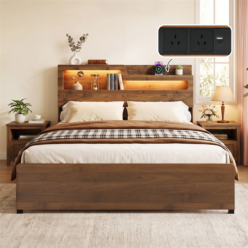 TWSC Queen Bed Frame Metal with Charging Station LED Light Storage Shelf