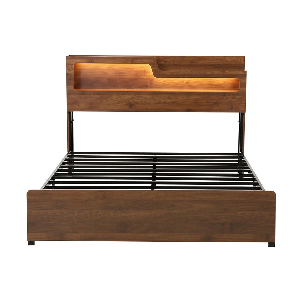 TWSC Queen Bed Frame Metal with Charging Station LED Light Storage Shelf