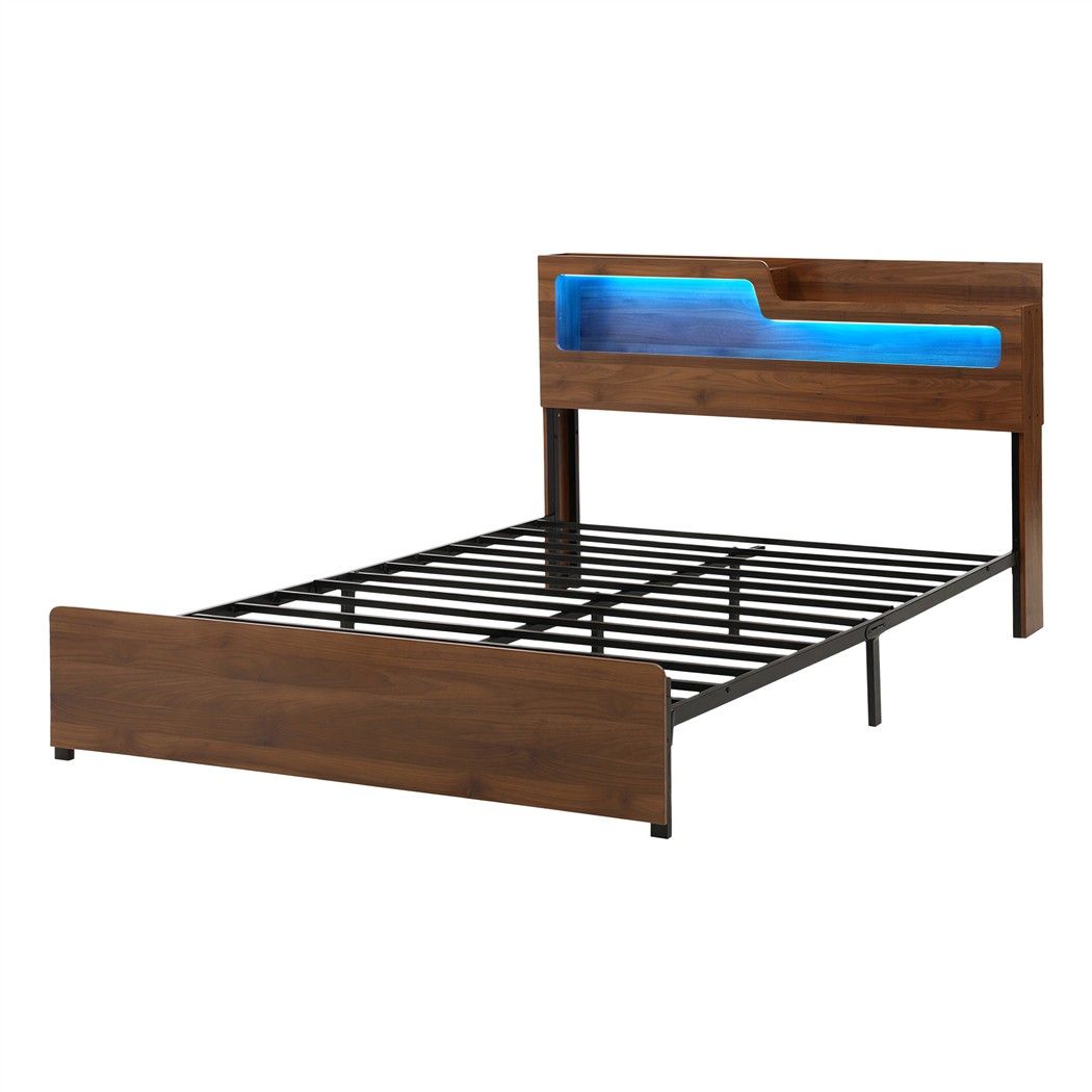 TWSC Queen Bed Frame Metal with Charging Station LED Light Storage Shelf