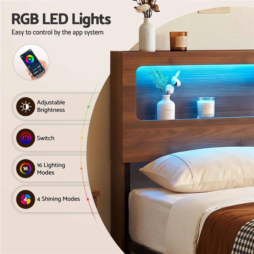 TWSC Queen Bed Frame Metal with Charging Station LED Light Storage Shelf