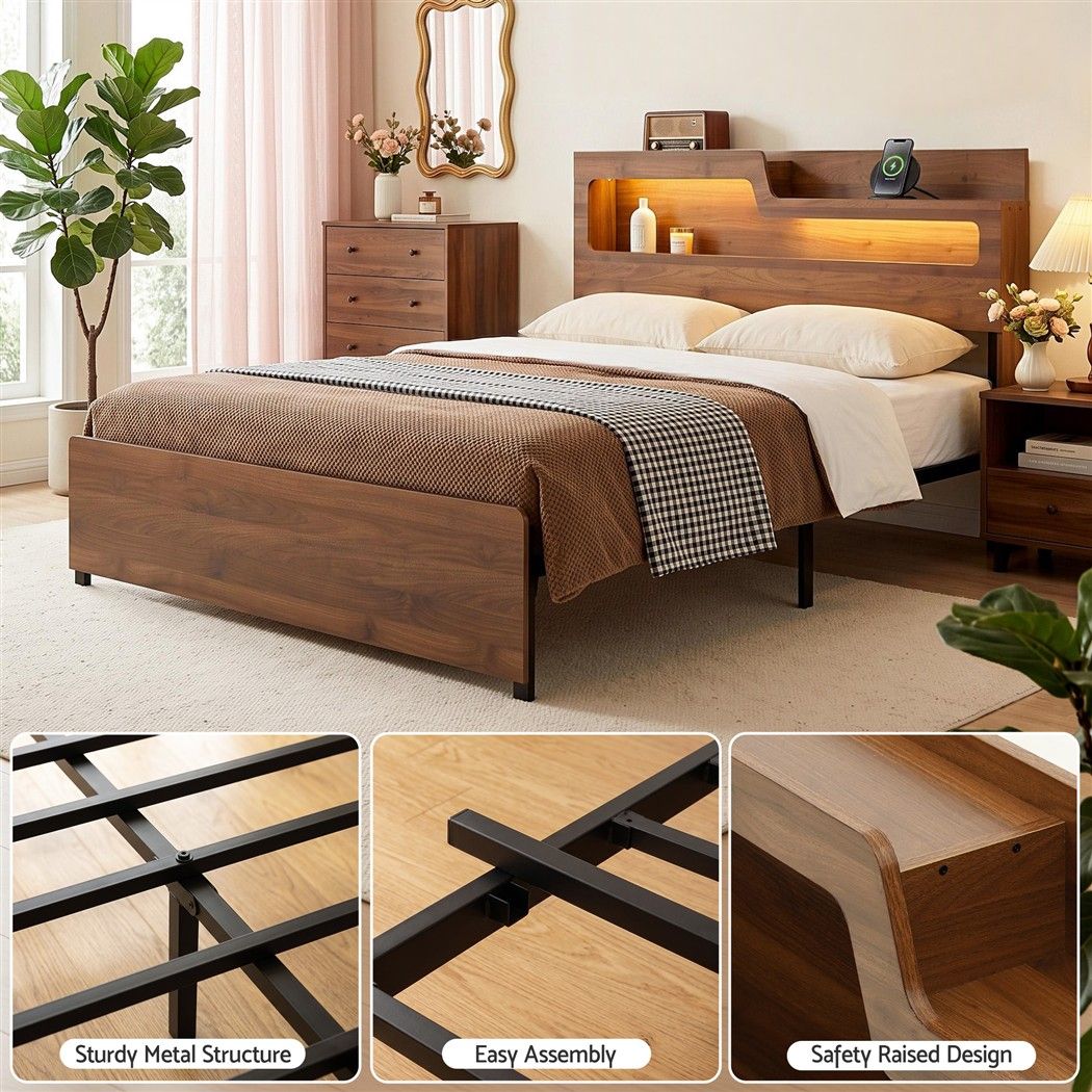 TWSC Queen Bed Frame Metal with Charging Station LED Light Storage Shelf