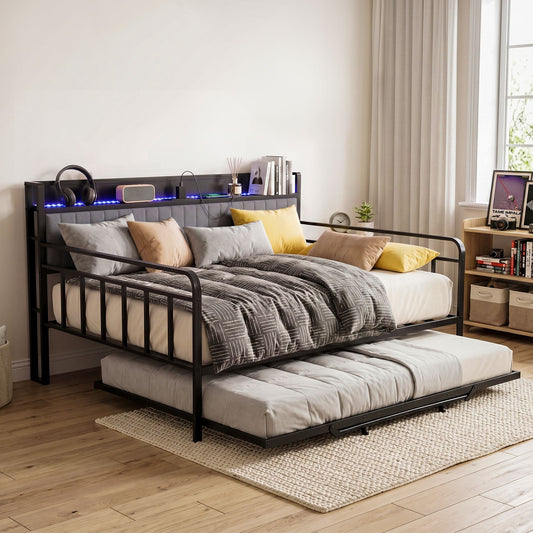TWSC Bed Frame King Single LED Metal Trundle Daybed with Charging Station TURN