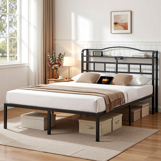 Bed Frame with Charging Station – Double Size, Black, Wave Design