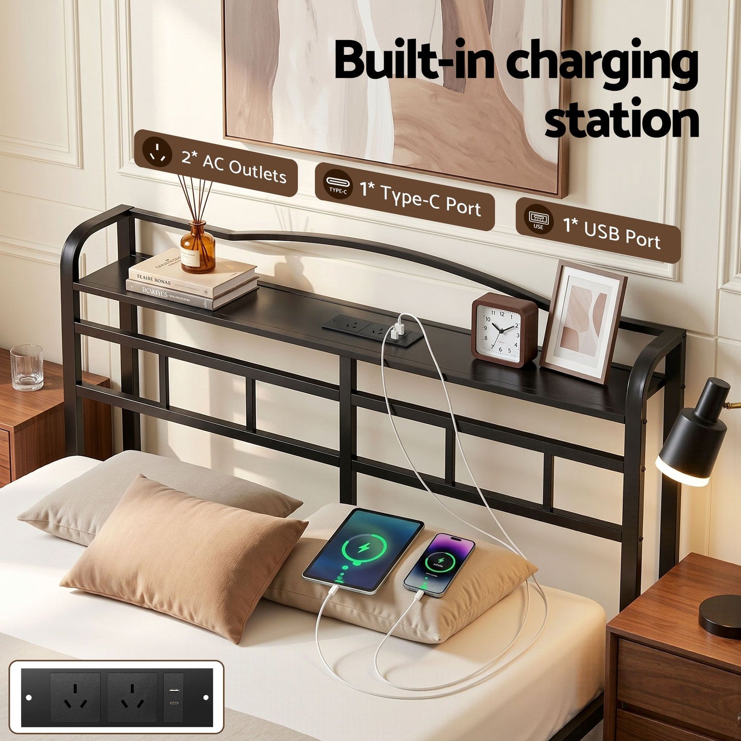 TWSC Bed Frame Double Size with Charging Station WAVE