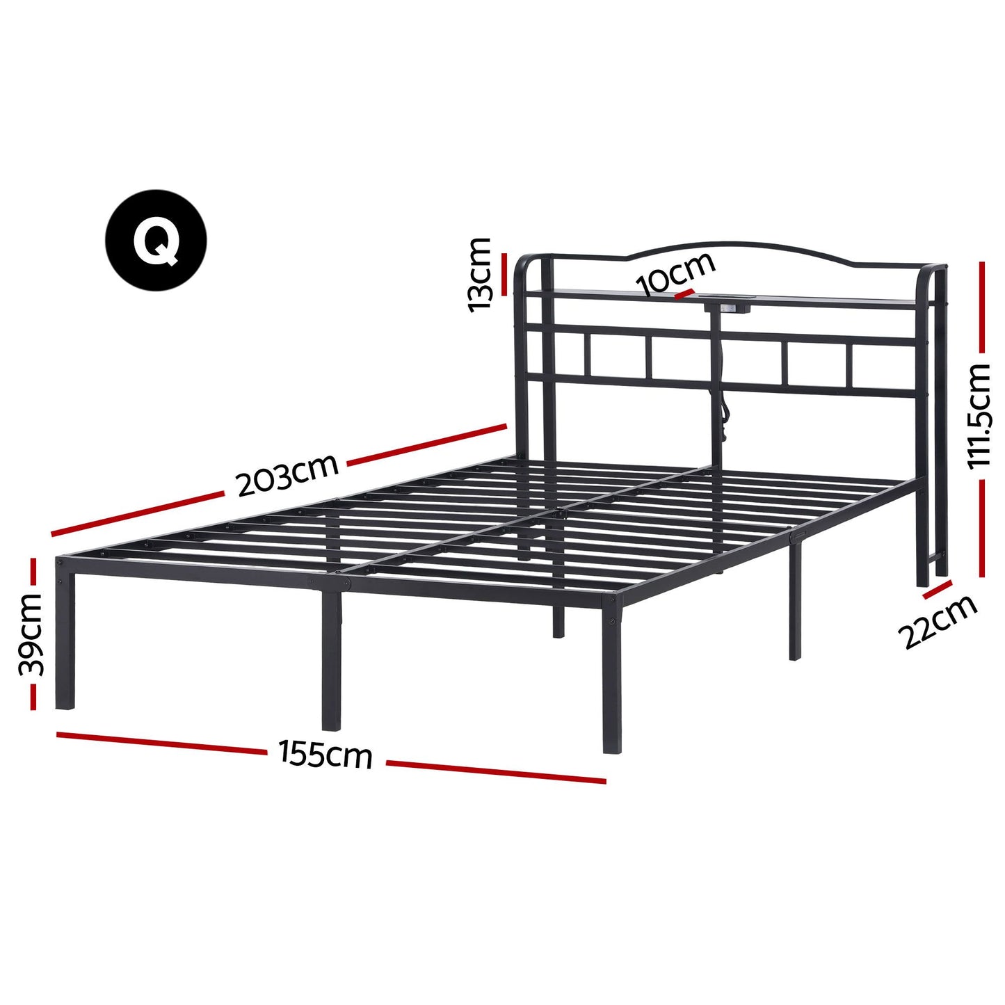 Bed Frame Queen with Integrated Charging Station – Black, Metal & MDF