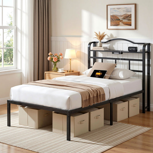 Bed Frame Single Size with Integrated Charging Station – Wave Design, Black