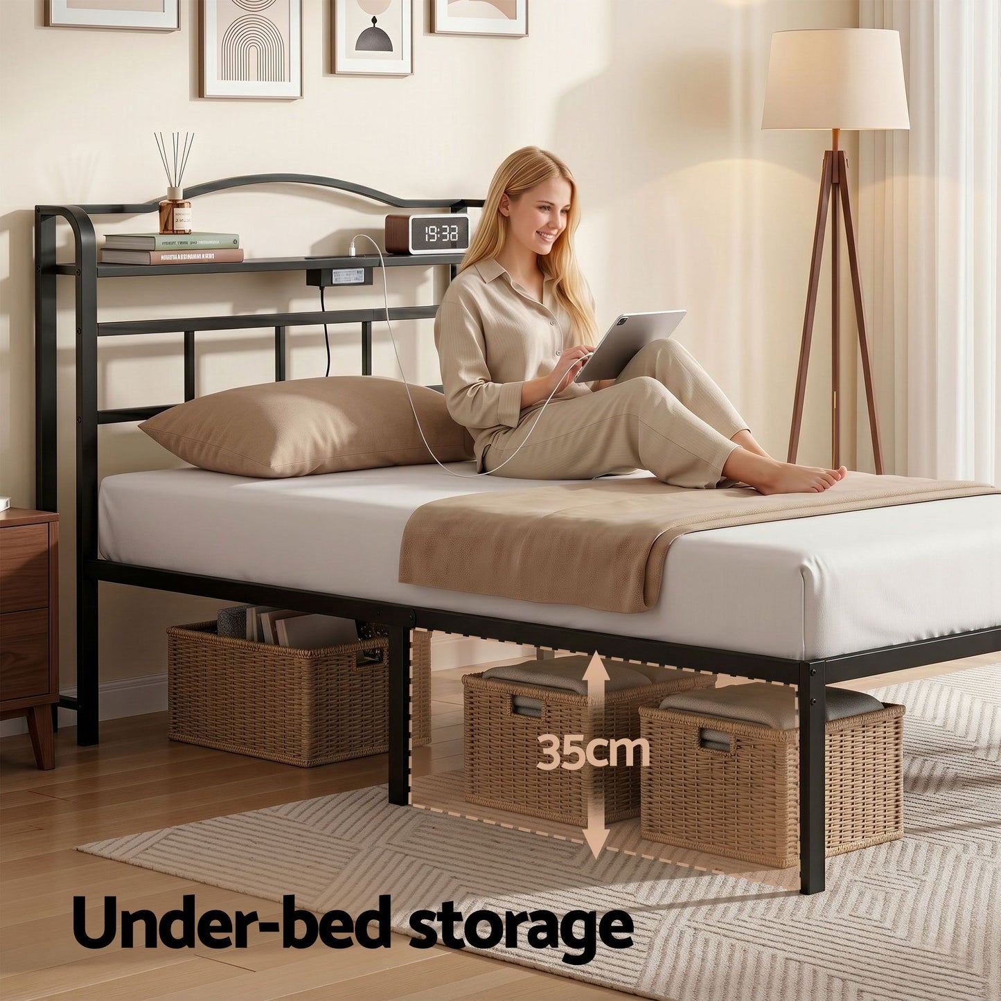 TWSC Bed Frame Single Size with Charging Station WAVE