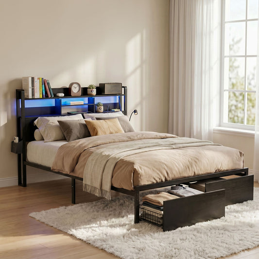TWSC Bed Frame Double with Charging Station Storage Organizer Drawers LED ZAC