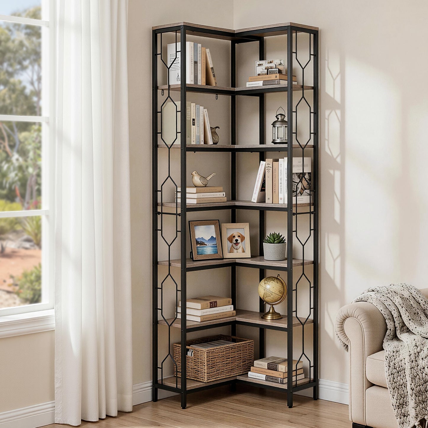 6-Tier Oak Corner Bookshelf – Hexagonal Design with Metal Frame