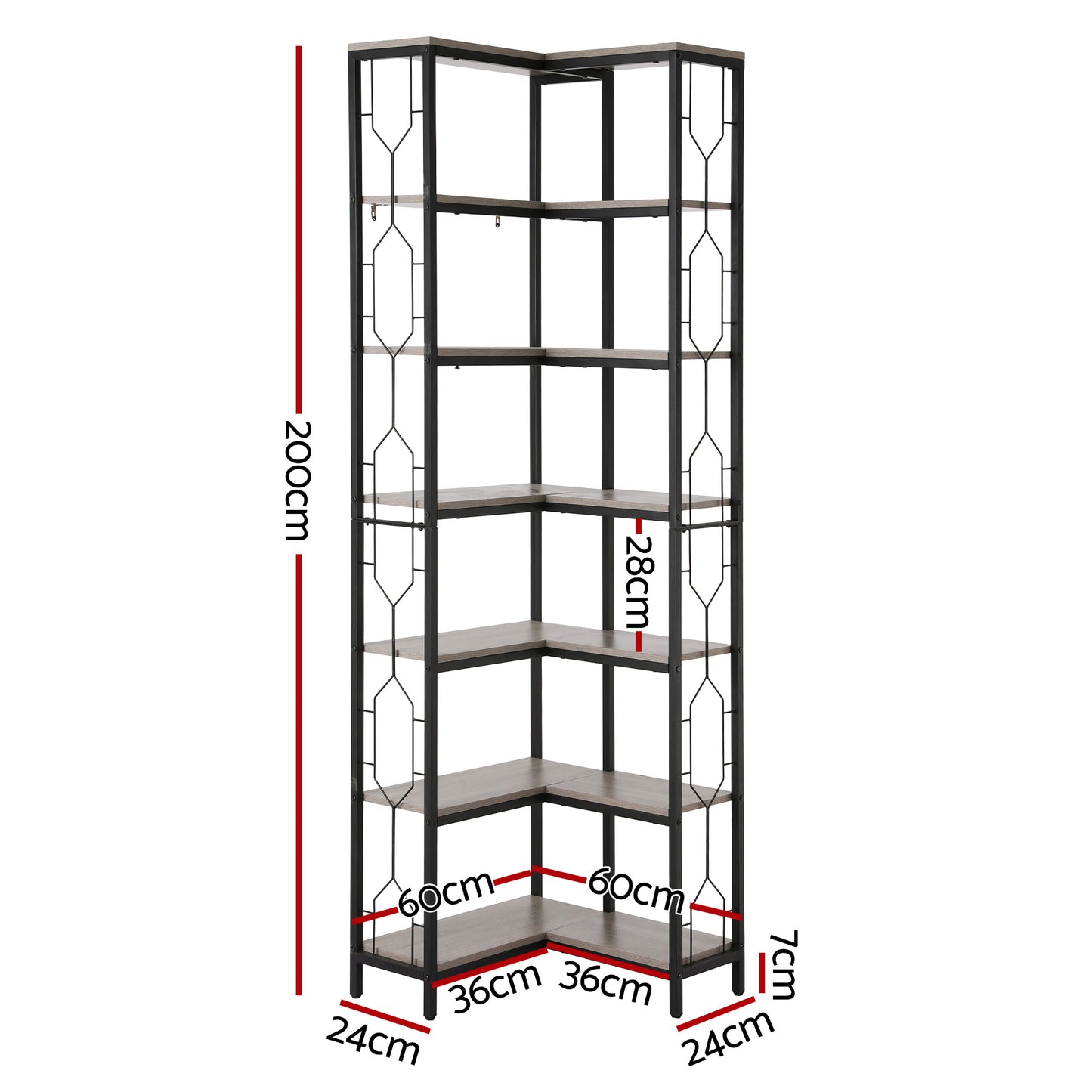6-Tier Oak Corner Bookshelf – Hexagonal Design with Metal Frame
