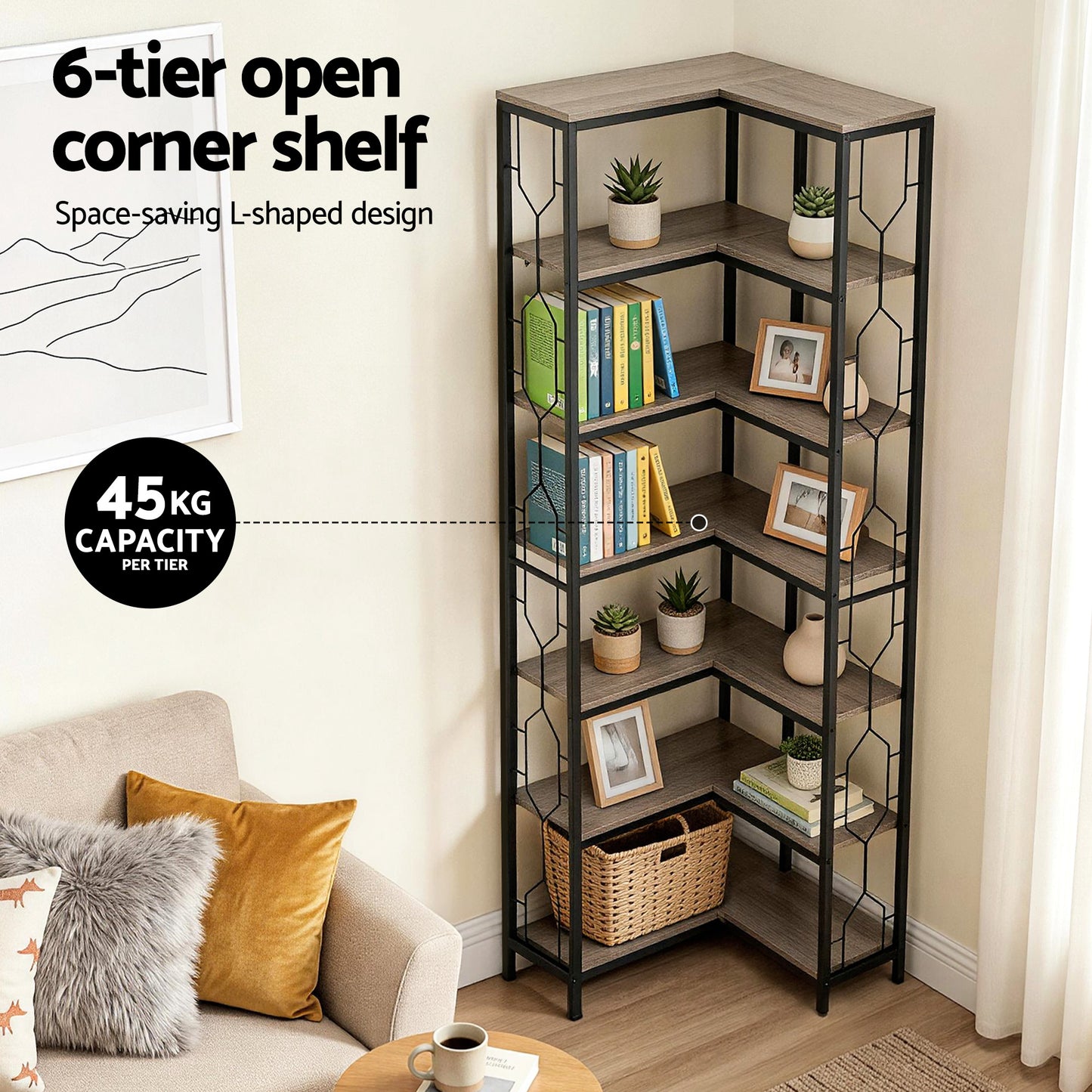 6-Tier Oak Corner Bookshelf – Hexagonal Design with Metal Frame