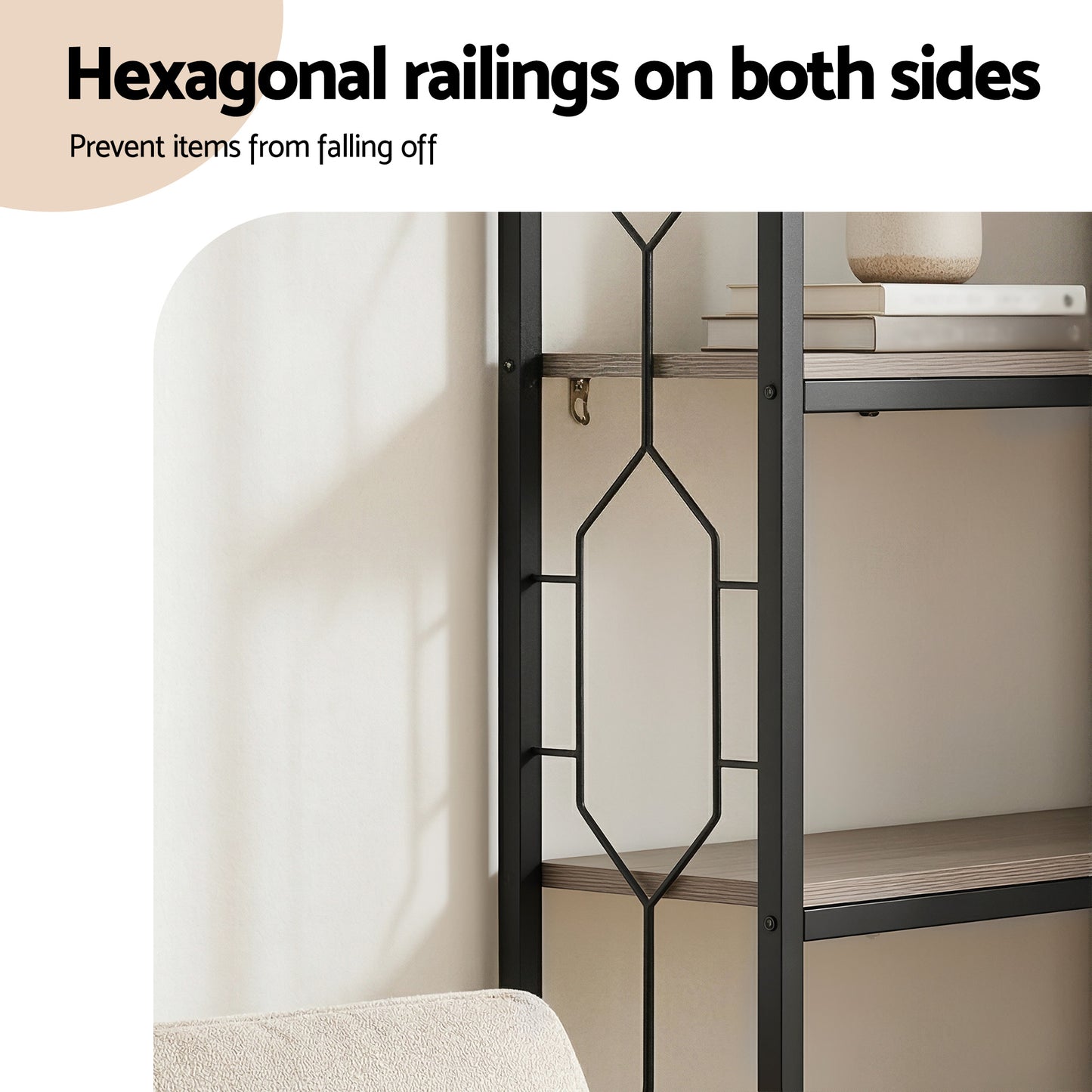 6-Tier Oak Corner Bookshelf – Hexagonal Design with Metal Frame