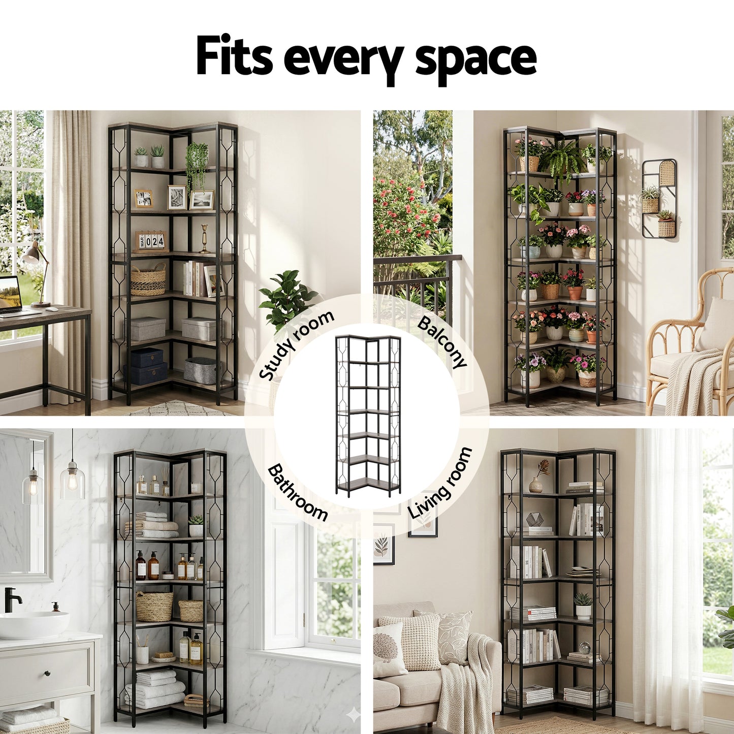 6-Tier Oak Corner Bookshelf – Hexagonal Design with Metal Frame
