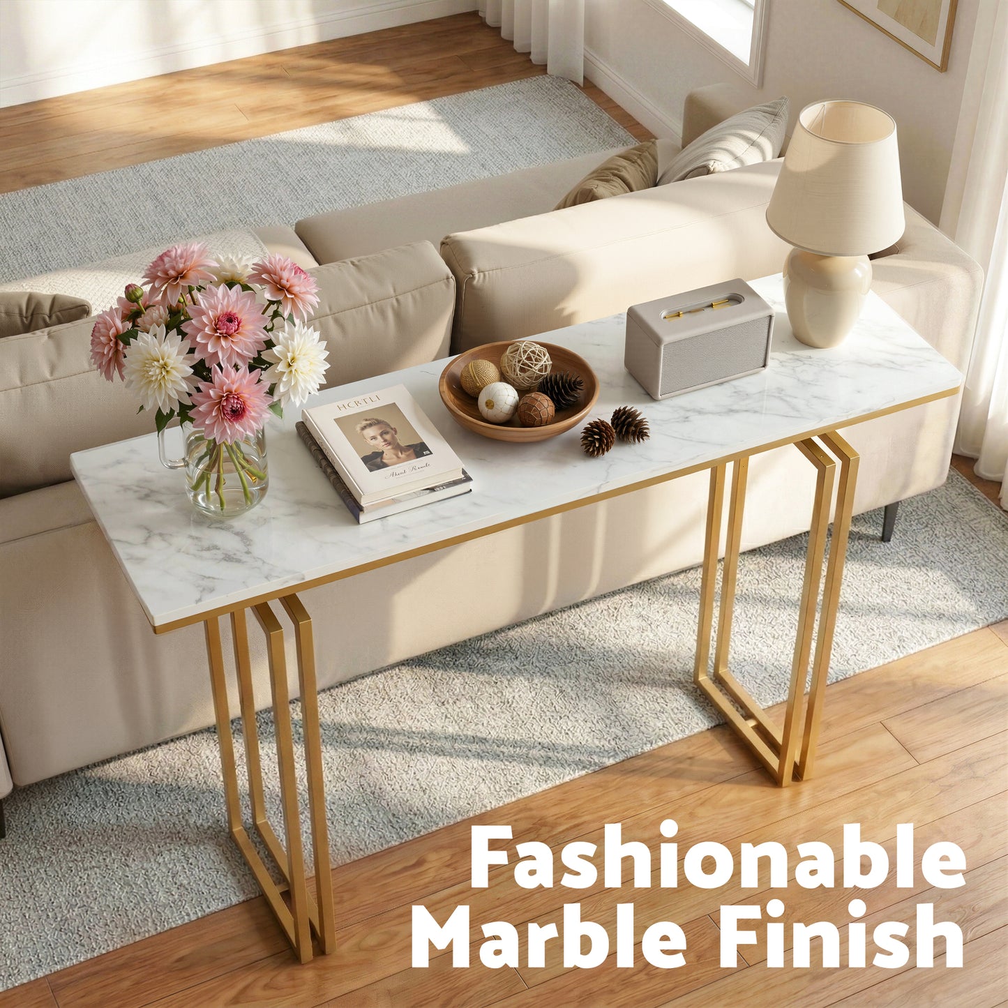 Console Table – Marble Effect, White & Gold, 110cm