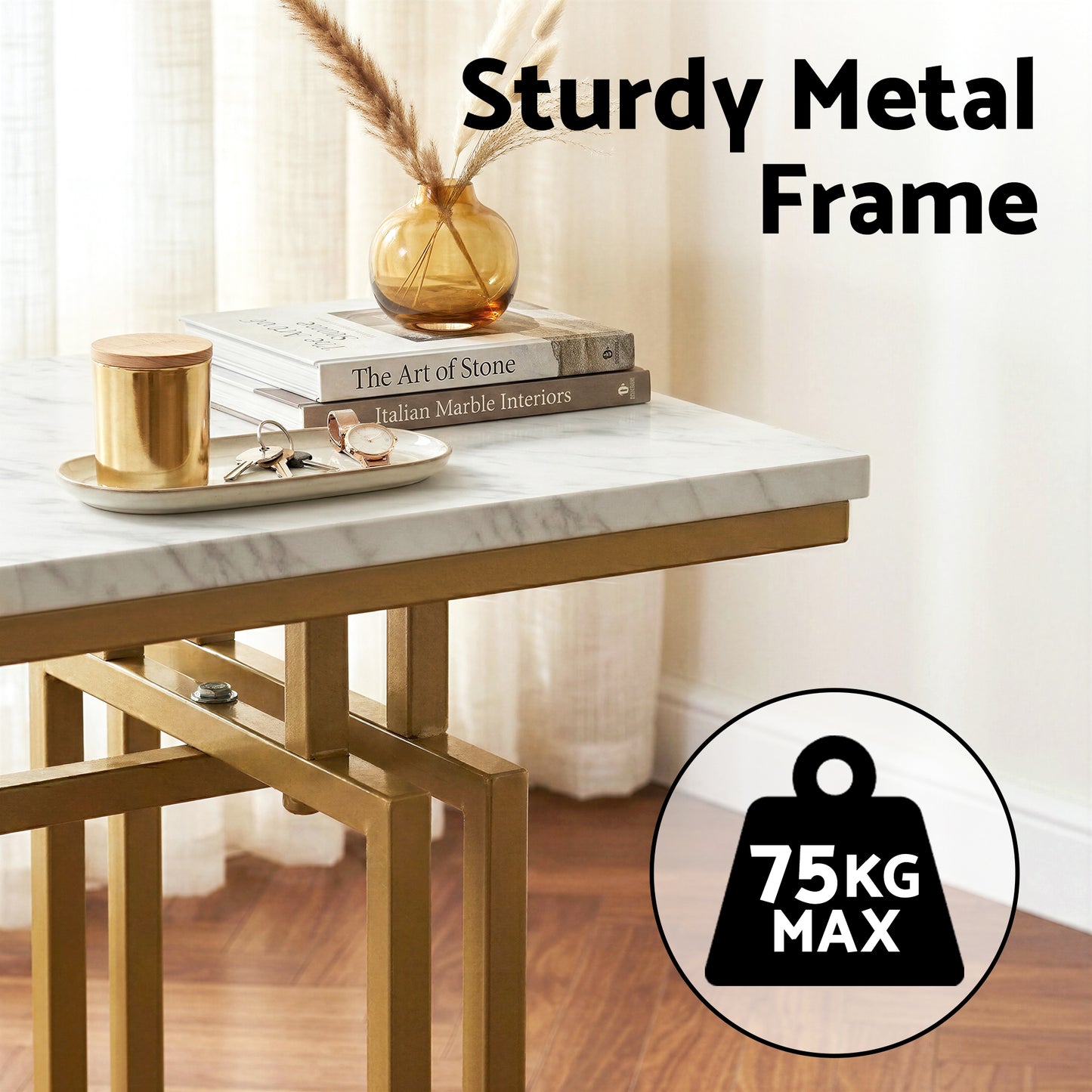 Console Table – Marble Effect, White & Gold, 110cm