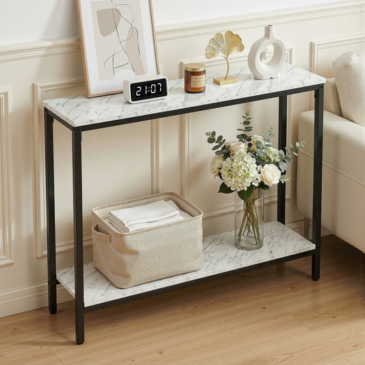 TWSC marble effect console table styled with minimalist decor, flowers, and soft textures in modern Australian living space.