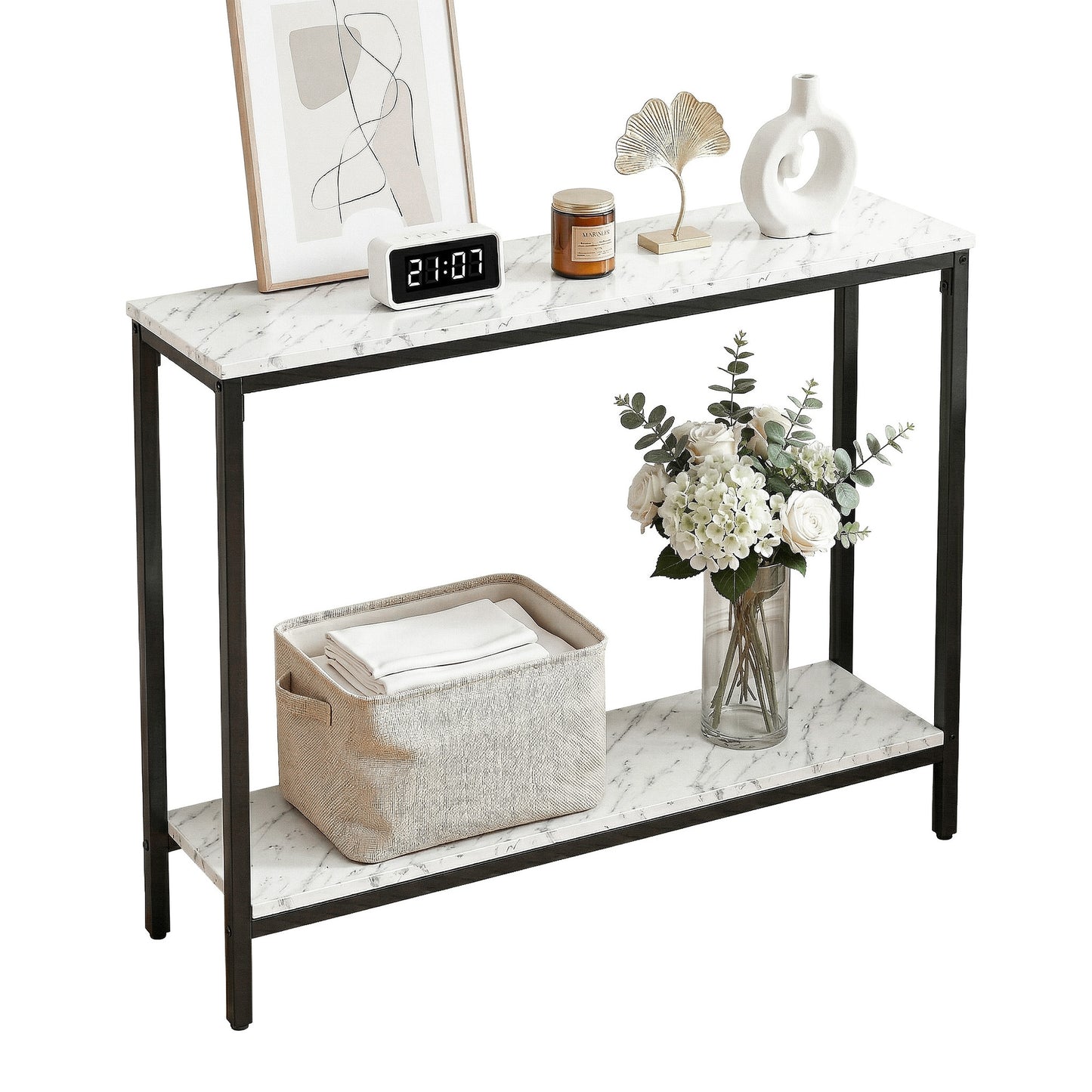 Console Table – Marble Effect, White and Black, Slim 2-Tier Design