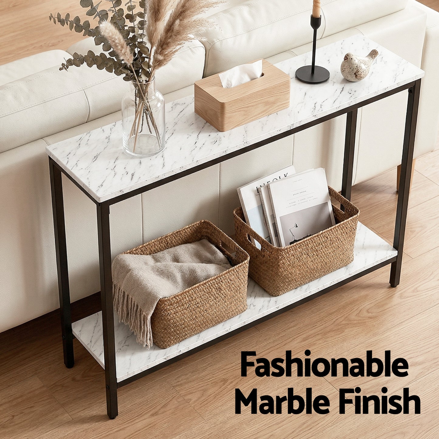 Console Table – Marble Effect, White and Black, Slim 2-Tier Design