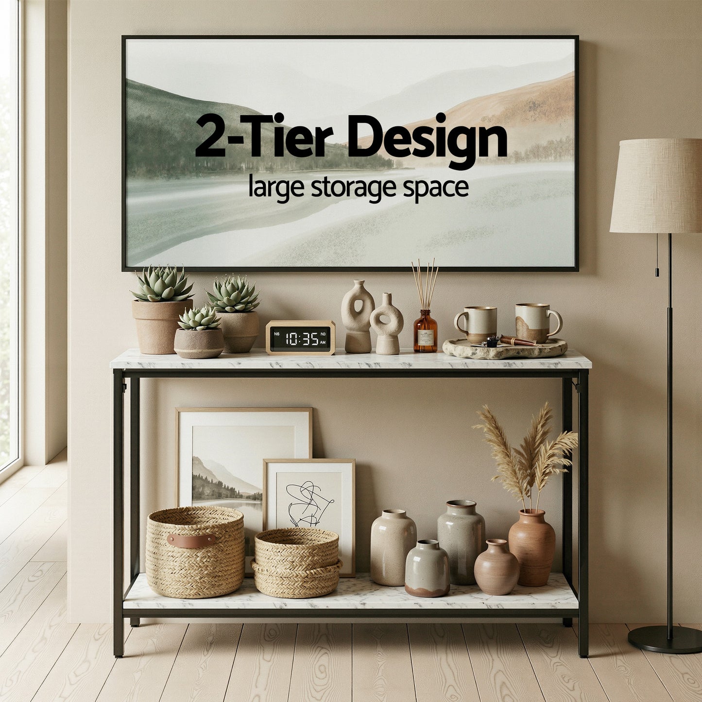Console Table – Marble Effect, White and Black, Slim 2-Tier Design
