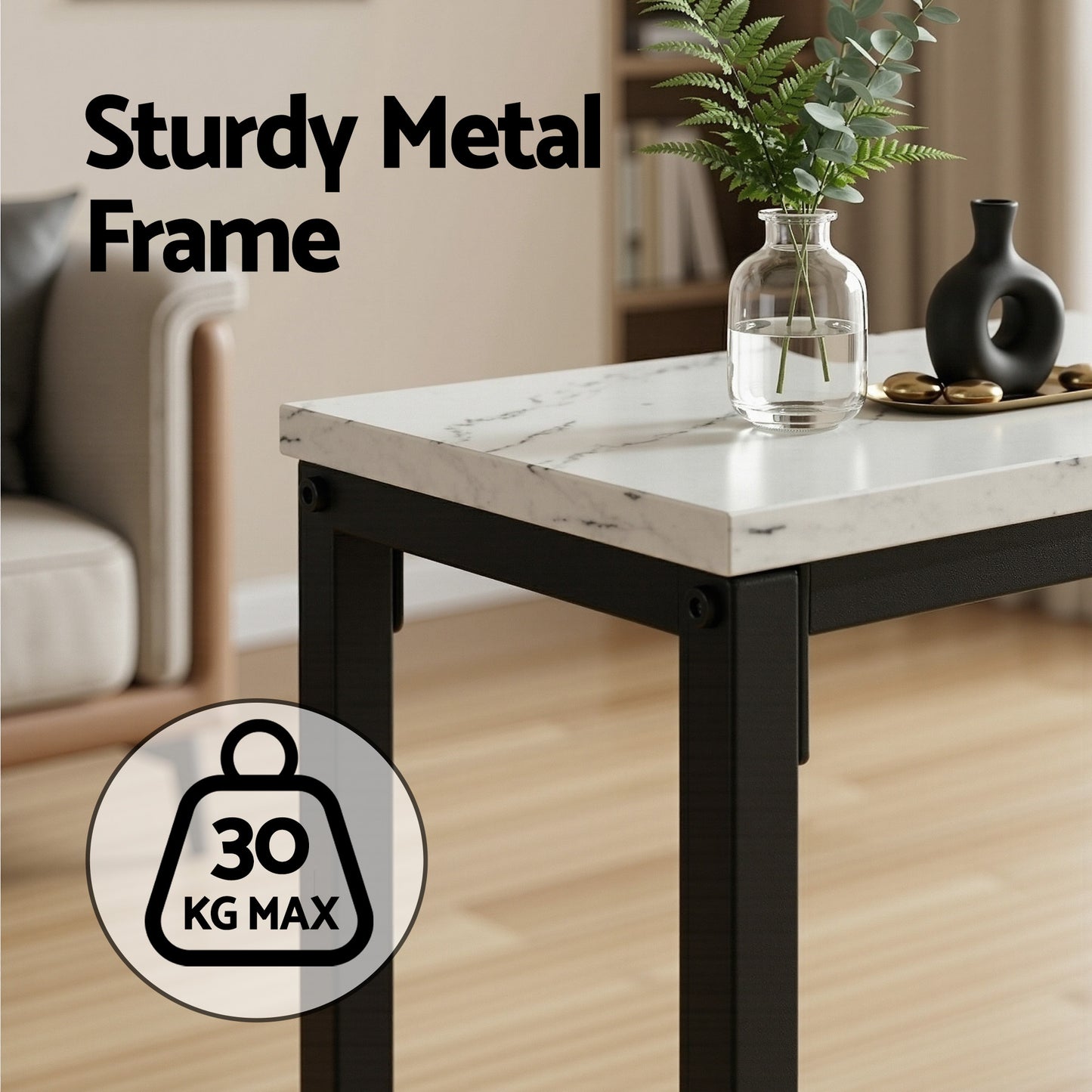 Console Table – Marble Effect, White and Black, Slim 2-Tier Design