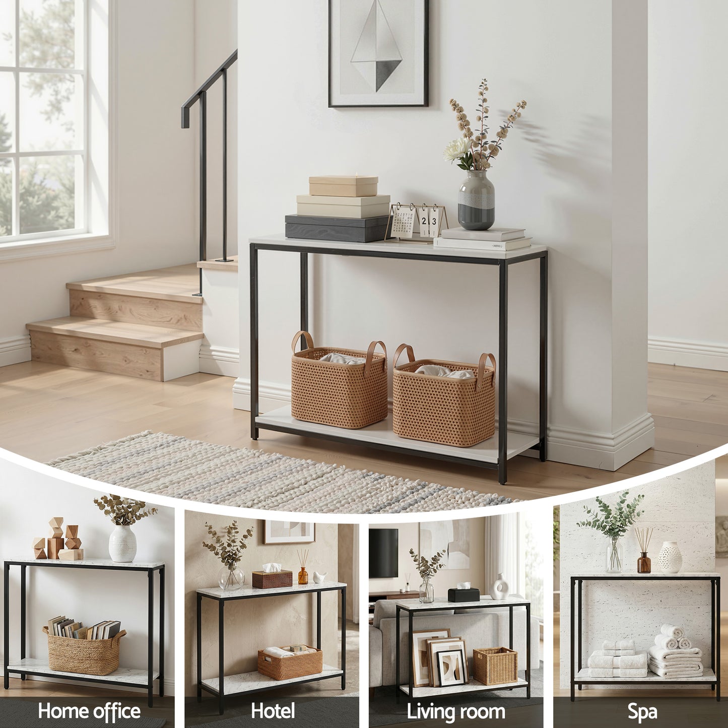 Console Table – Marble Effect, White and Black, Slim 2-Tier Design