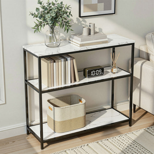 Console Table with Marble Effect – 3-Tier, 90cm, White and Black