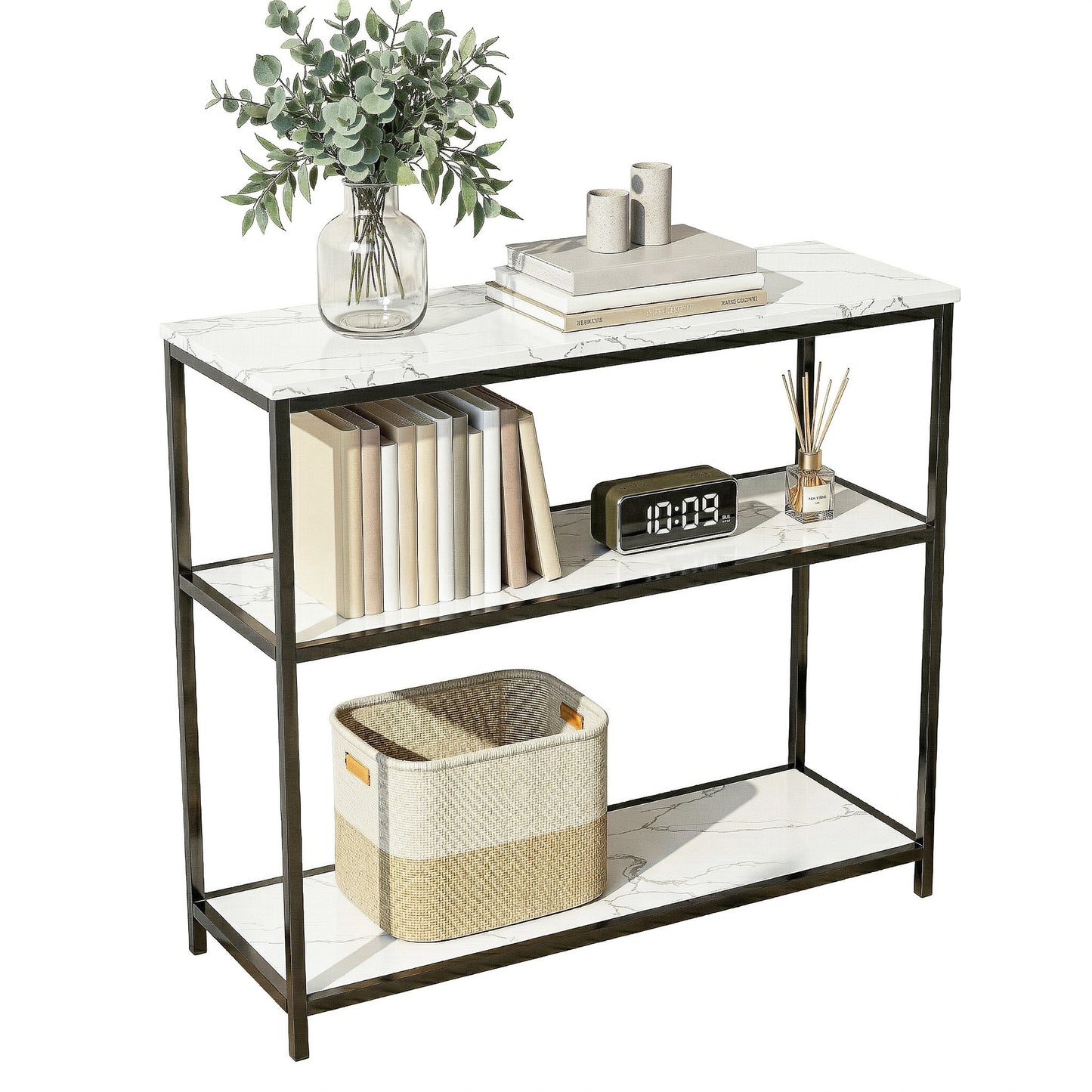 TWSC Console Table Marble Effect 3-Tier Sofa Entryway Side Table 90CM White