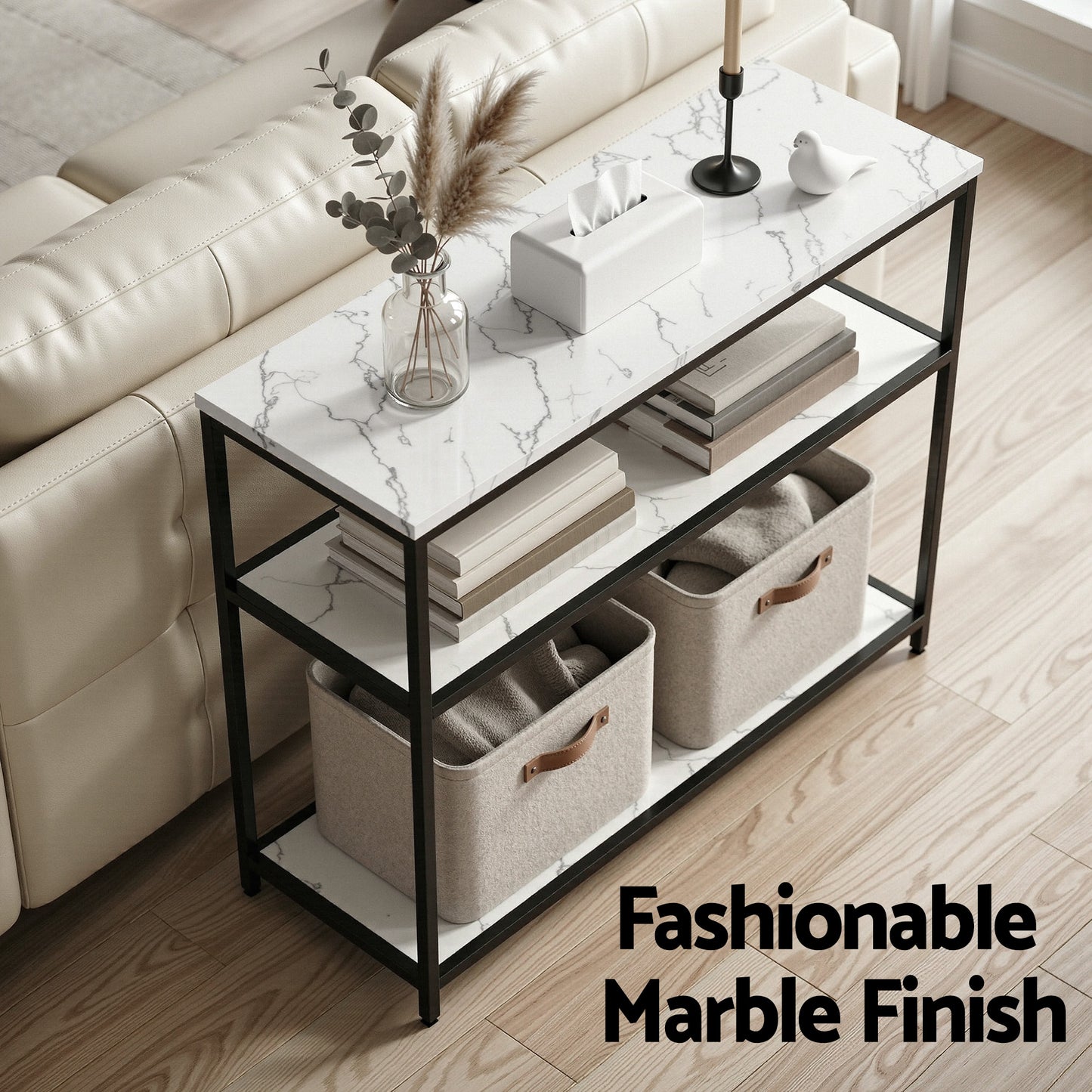TWSC Console Table Marble Effect 3-Tier Sofa Entryway Side Table 90CM White