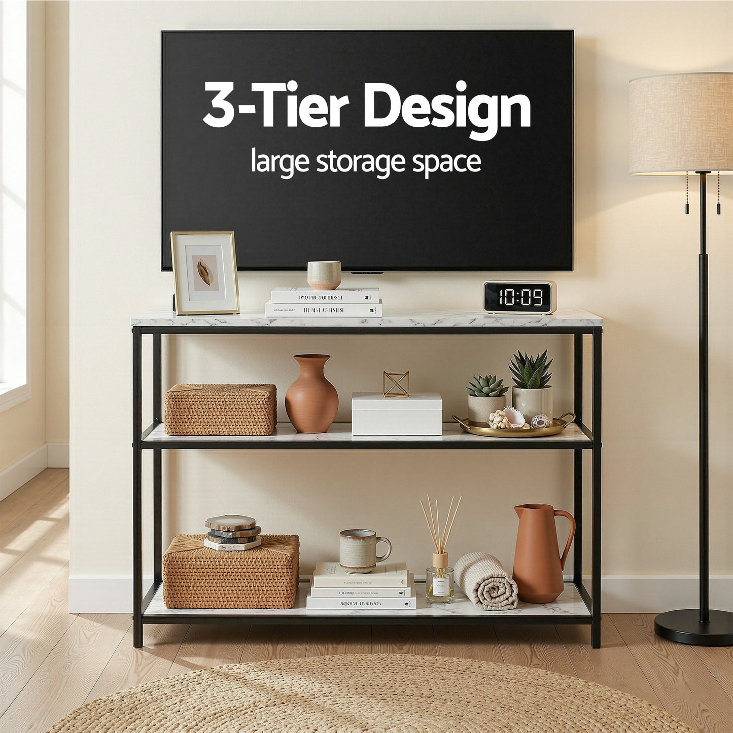 TWSC Console Table Marble Effect 3-Tier Sofa Entryway Side Table 90CM White